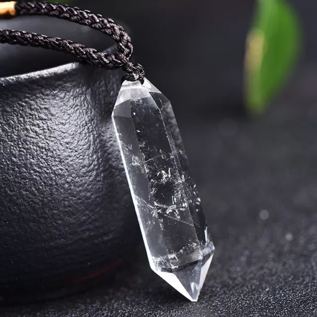 White Colorless Quartz Crystal Hexagonal Point Pendant Healing Amulet Necklace
