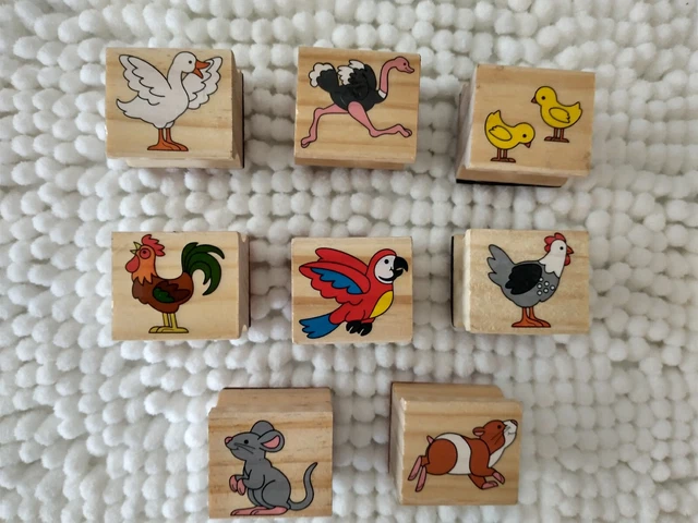 8 Wooden Rubber Mounted Stamps ~ Birds Hamster Rat~ Teacher Kids Crafting School