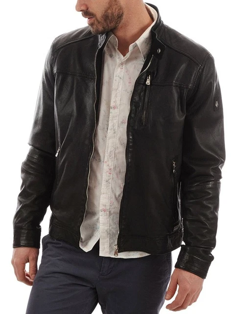 Jacket Leather Biker Motorcycle Men's Mens Lambskin Racer Cafe Vintage Black V15