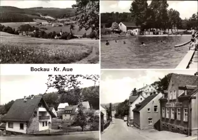 BOCKAU Kr. Aue in Sachsen DDR Mehrbild-AK Strasse, Teilansicht, Freibad uvm 1982