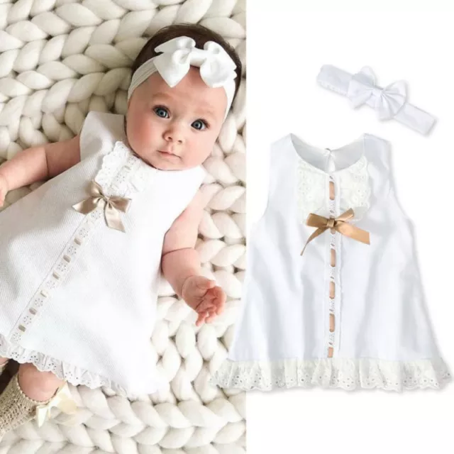 Newborn Baby Girl Lace Sleeveless Bowknot Dress Headband Princess Clothes Outfit