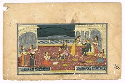 Main Ancien Indien Peinture Miniature De Moghol Empereur En Harem Art Sur Papier