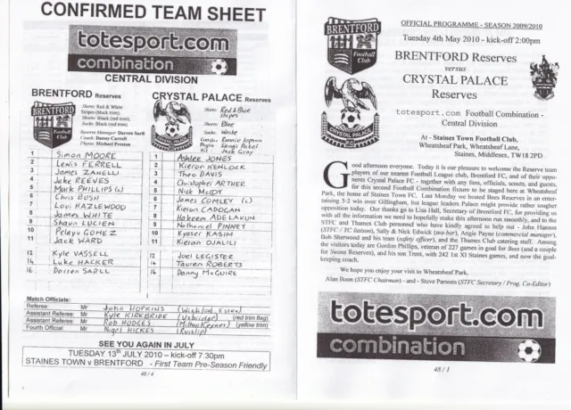 Brentford v Crystal Palace Reserves programme 4.5.2010