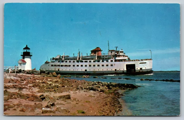 NANTUCKET MA ferry boat Brant Point Light lighthouse ship c1955 vtg Postcard A67