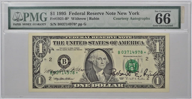 1995 $1 Federal Reserve Star Note New York Fr1921-B* Pmg66 Gem Unc Epq Autograph