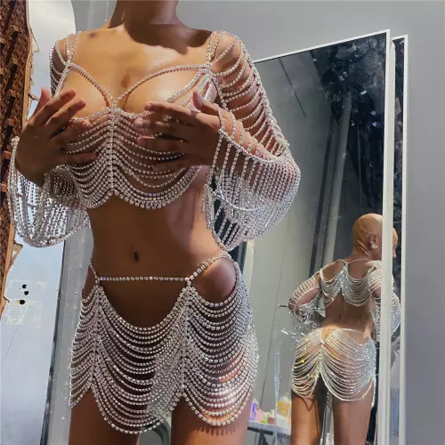 Luxury Rhinestone Body Chain Sexy Hollow Top Chain Tassel Skirt Set 2pcs Outfits
