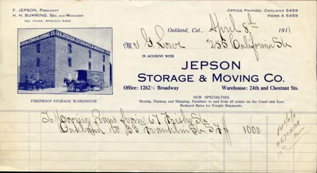 Oakland, Ca ~ Jepson Storage & Moving Co. ~ Illustrated Billhead 1911