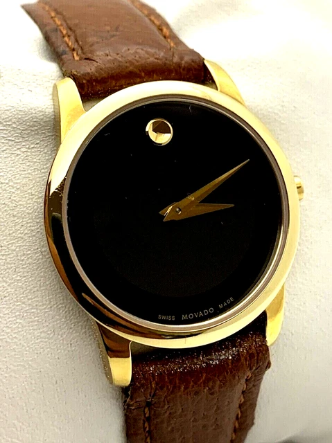 MOVADO Museum 28mm Women's Quartz Watch Gold Plated Black Dial Brown Leather