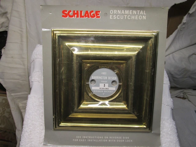 Vtg Schlage Mid-Century Barrington Design Polished Brass Door Plate Escutcheon