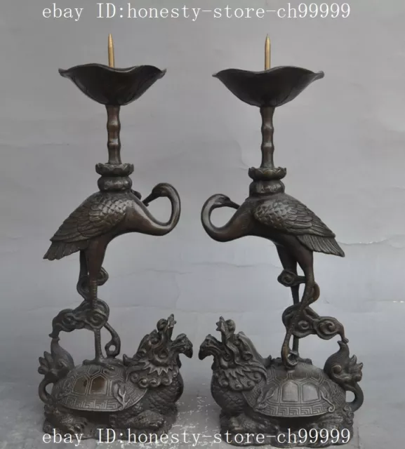Chinese bronze animal dragon turtle Crane statue Candlesticks Candle Holder pair