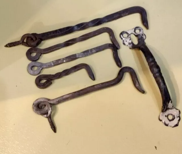 Antique Five Wrought Iron Door Hooks And Door Handle  Country Barn   Farm House