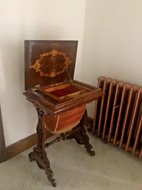 Antique Walnut Burl Marquetry Inlaid Ladies Sewing Work Table Harrods!