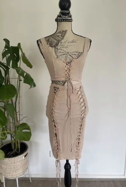 Sexy Beige Lace Up Corset Coord Two Piece Matching Set XS-S Goth Festival Club