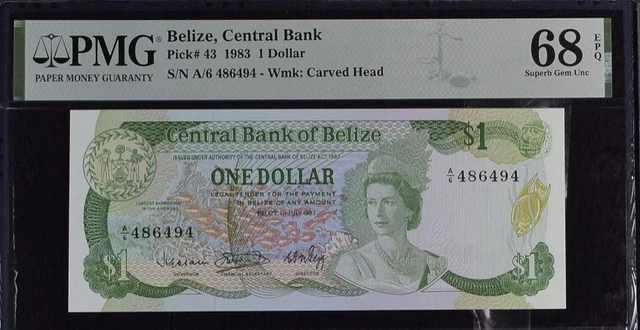 Belize, Central Bank, 1 Dollar 1983 PMG 68 EPQ Superb Gem Unc