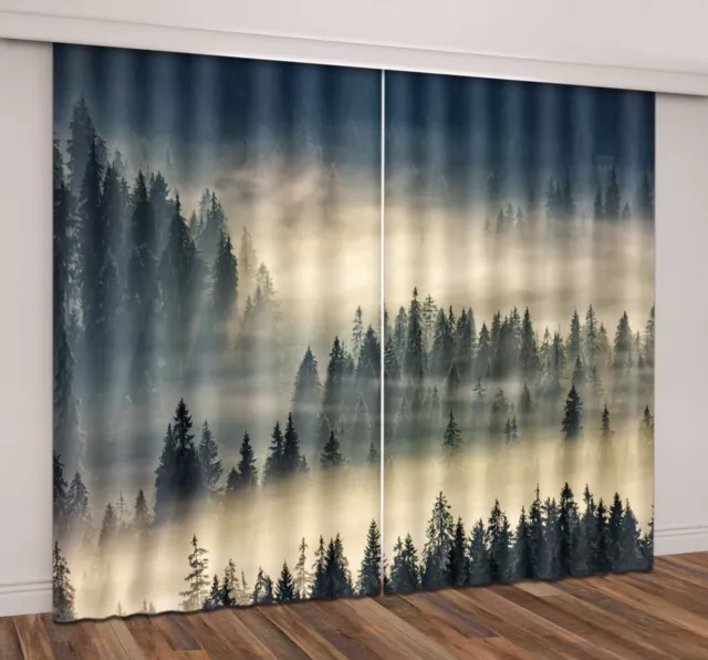 Nature Forest Foggy Pine Trees 3D Window Curtains Blockout Drapes Fabric 2 Panel