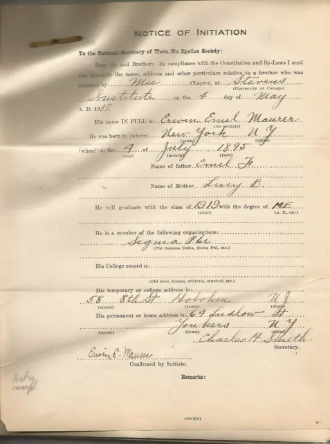 43- EARLY 1900s-NOTICE OF INITIATION FORMS AND BLANKS- THETA NU EPSILON SOCIETY