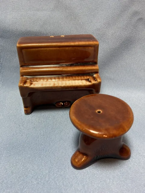 Vintage 1970 Brown Piano & Piano Stool Bench Ceramic Salt And Pepper Shaker Set