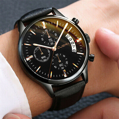 Fashion Sport Men's Stainless Steel Case Leather Band Quartz Analog Wrist Watch