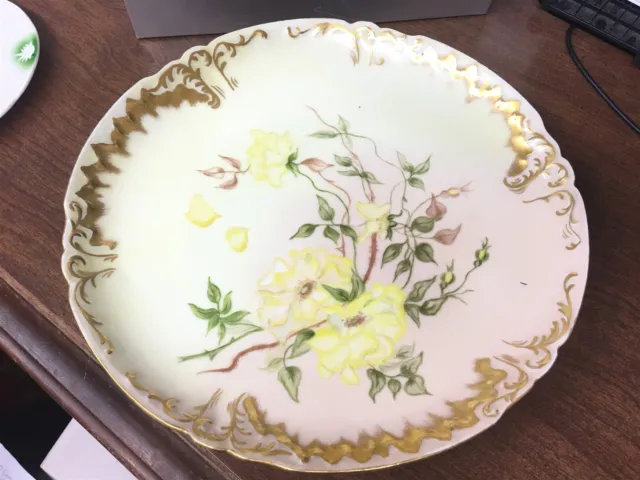 J.P. L. Limoges France 11-1/2" Hand Painted Charger Yellow Flowers Gold Edge