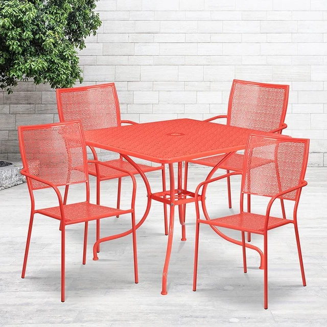 Commercial Grade 35.5" Square Coral Indoor/Outdoor Steel Patio Table Set w/4 Squ