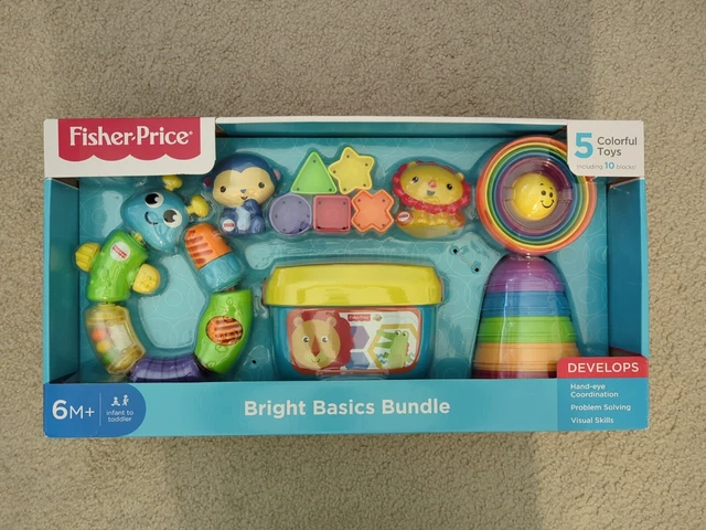 Fisher Price Bright Basic Bundle 5 Classic Toys Set Blocks Shapes 6M+ Tub Rattle