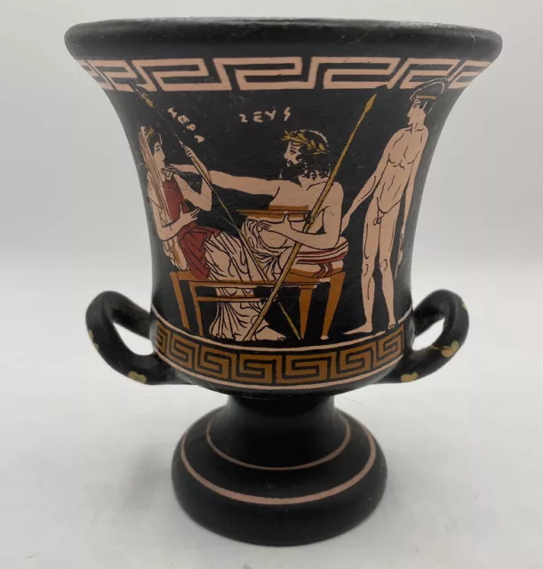 Vintage Hand Made in Greece Greek Gods Black Urn Two Handled Vase SEE Pics 4.5” 3