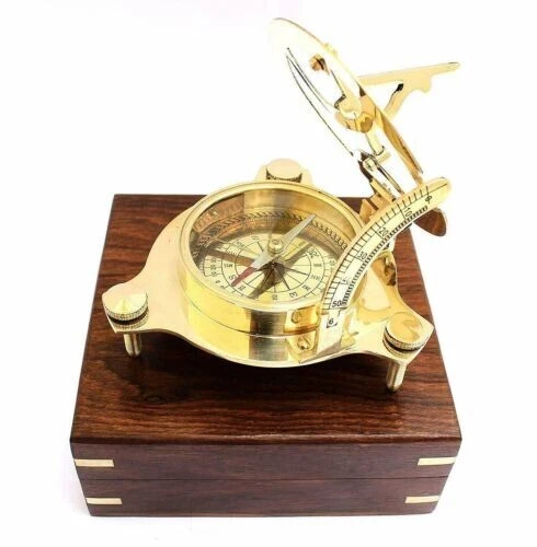 Boussole Cadran Solaire Laiton Antique - Avec Boîte Bois, Décoration Nautique Et Cadeau Collection