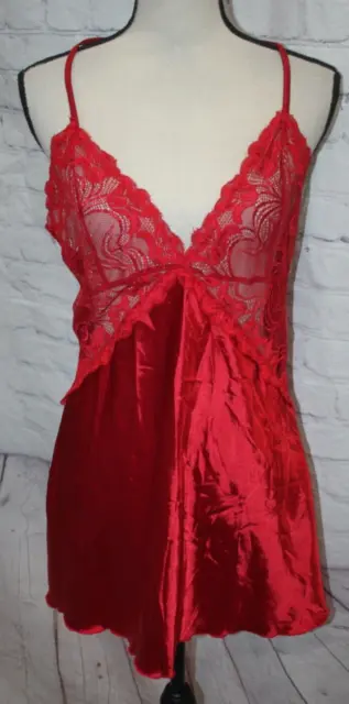 Women's Sexy Red Lace & Satin Negligee Chemise Slip Dress Nightie Size L