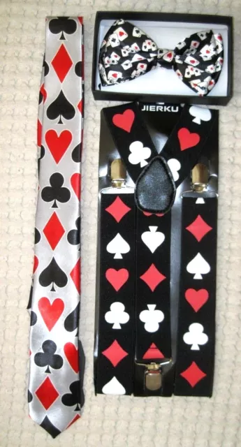 Poker Player Cards 4 Suite Bow Tie,Poker 1 1/2" Suspenders,Poker Neck Tie-New!v4