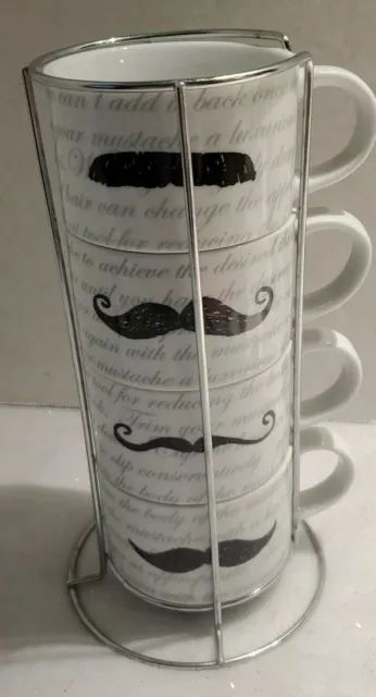 Pier 1 Imports Mustache Stackable 4 Mug Set Coffee Tea Cups Metal Stack Rack