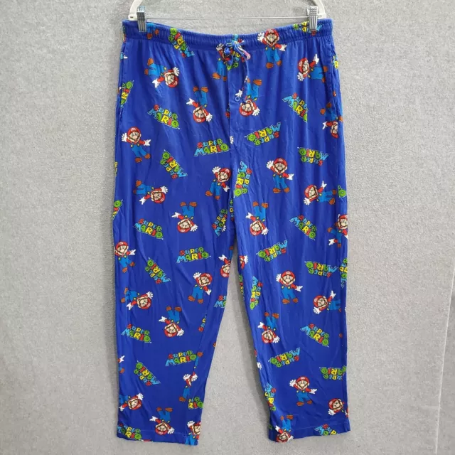 Super Mario Men Sleepwear XL Blue Pajama Pants Logo All Over Print Drawstring