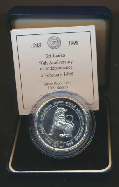 Sri Lanka: 1998 1000 Rupee Silver Proof 50 Years of Independence, Cased w Cert.