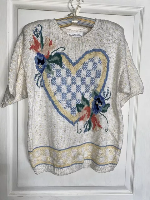 Marisa Christina Classics ~ Vintage Hand Knit Floral Short  Sleeve Sweater Lrg