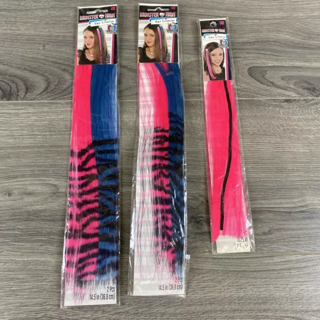 Lot Of 3-Girls Monster High Hair Extensions Pink Purple Black Leopard Skullette