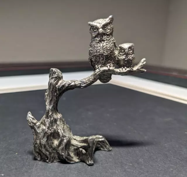 2" Miniature Pewter Art Sculpture Two Owls on Tree Branch Figurine