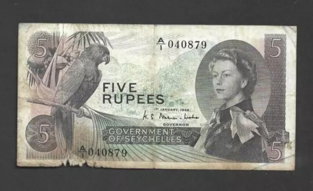 5 Rupees Vg Banknote From  British Seychelles 1968  Pick-14