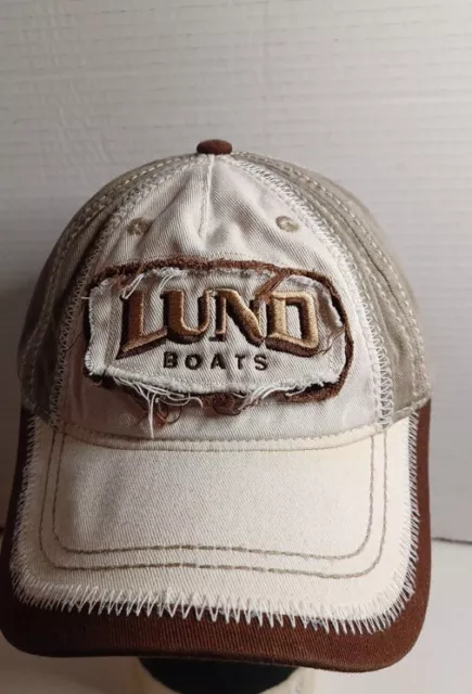 Lund Boats Logo Distressed Look Tan/ Brown/White Hat Adjustable Baseball Cap