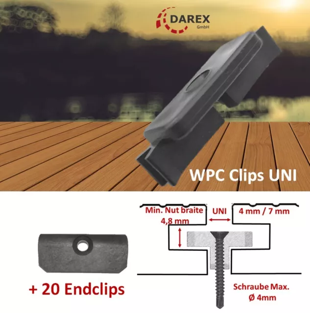 WPC UNI Clips Befestigung Klammern  Montageclip 7 mm +20 Endclips GRATIS