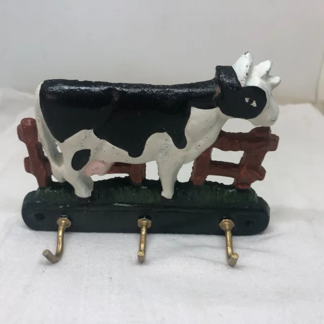 Vintage Cast Iron Barnyard Holstein Cow Key Holder 3 Hooks Wall Mount 2