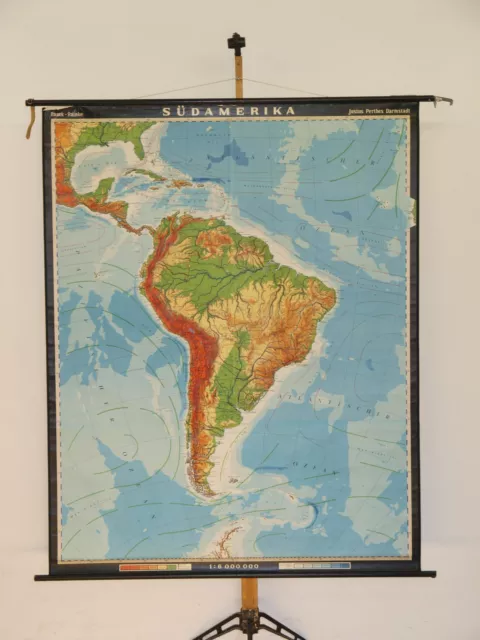 Südamerika physisch Karibik bis Chile 1967 Schulwandkarte Wandkarte 160x201cm