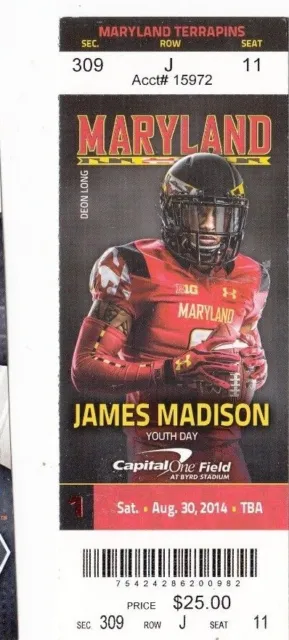 2014 Maryland Terrapins Vs James Madison 8/30 Ticket Stub College Football