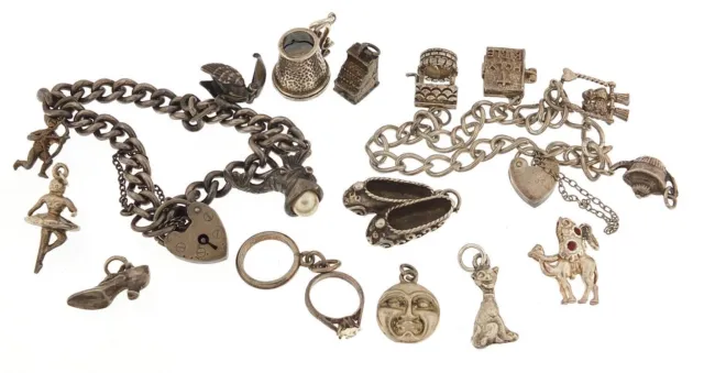 Lot Of 2 English  Silver Charm Bracelet With Many Unique  Rare Charms