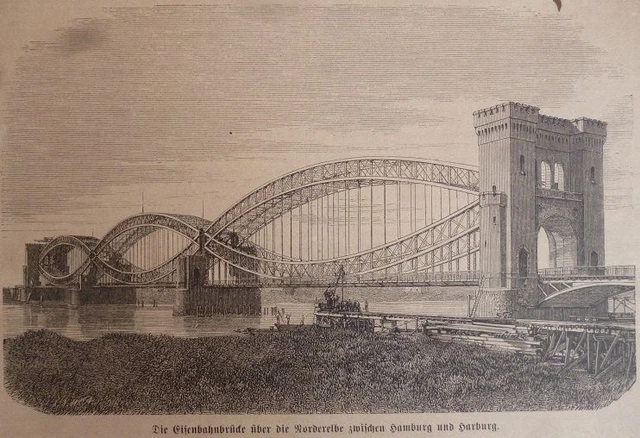 Holzstich - Die Eisenbahnbrücke über die Norderelbe zwischen Hamburg und Harburg