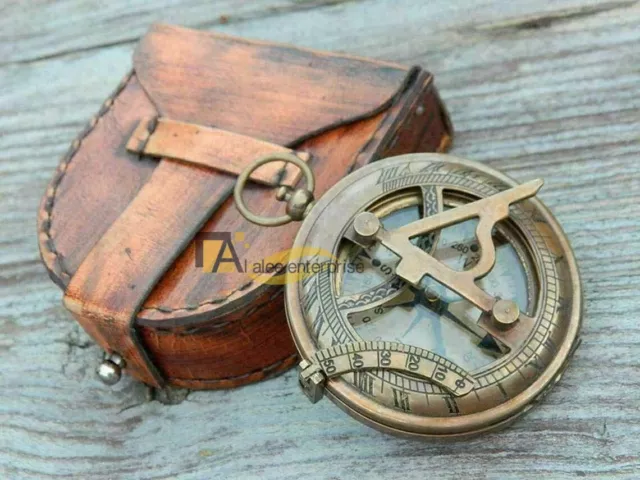 Vintage nautical push button sundial antique brass compass 3" with leather case