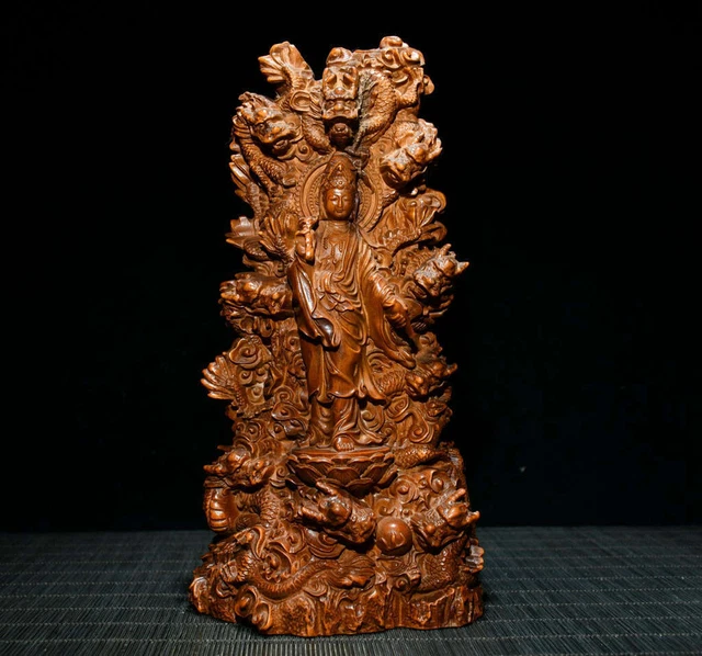 Three Chinese Natural Boxwood Hand-carved Exquisite Guanyin Statue  6699