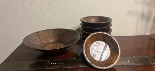 Quality Heirloom Wooden Ware Rustic Oak 14.5” Serving Bowl With 6 Salad Bowls