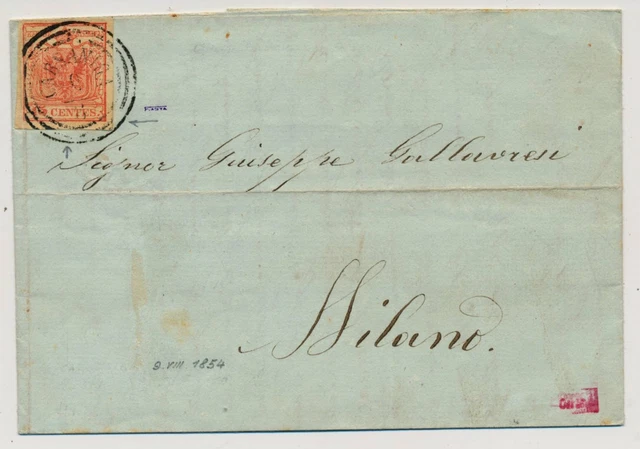 LOMBARDEI-VENETIEN 1854 15C, PLATTENFEHLER! Brief (Inhalt) CARSANICA nach MILANO