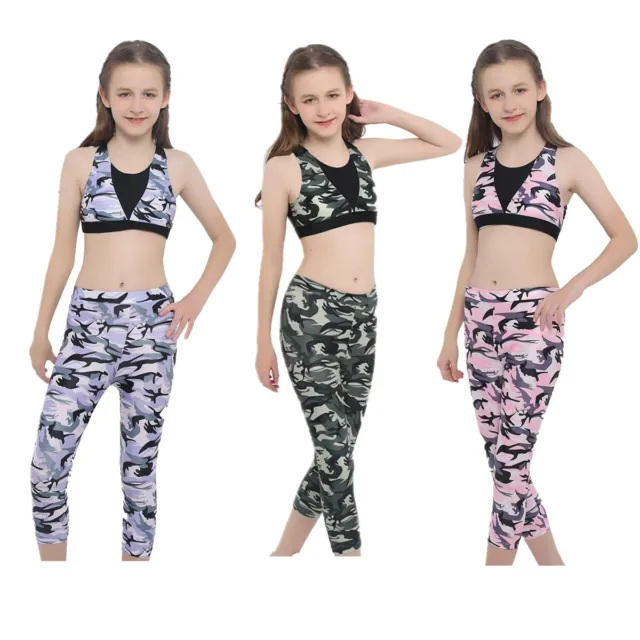 Girls Gym Yoga Sports Outfits Set Stretchy Ballet Bra Top+Legging Athletic Suits