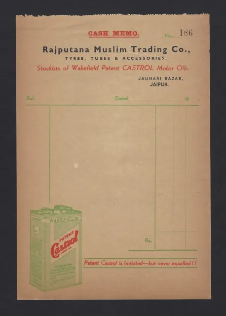 India 1920s-30s Rajputana Muslim Trading Castrol Motor Oil Jaipur Billhead