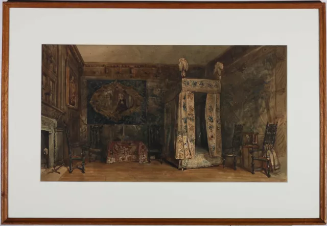 Fine Late 19th Century Watercolour - Jacobean Bedroom Interior